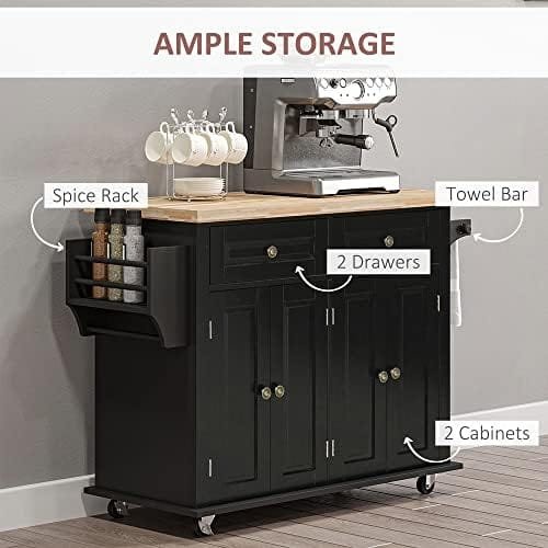 HOMCOM Kitchen Island on Wheels, Rolling Cart with Rubberwood Top, Spice Rack, Towel Rack and Drawers for Dining Room, Black - Image 7