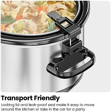 Chefman 6 Quart Slow Cooker with Locking Lid, Ceramic Crock with Portable Cook and Carry Travel Latching Lock, Large Easy Clean Dishwasher Safe Pot Insert, Manual 3 Heat Settings, Stainless Steel - Image 7