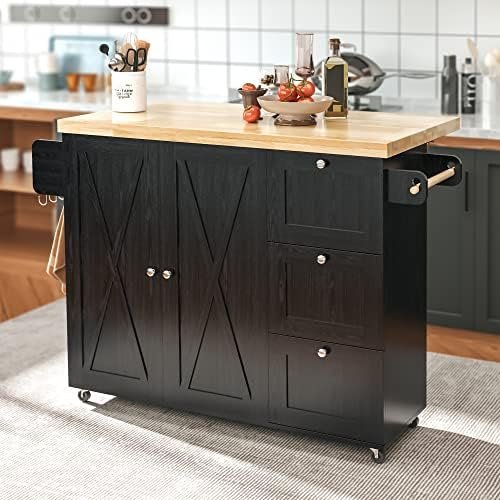 IRONCK Rolling Kitchen Island Cart with Drop-Leaf Countertop, Barn 3Drawers, Barn Door Style Cabine,Thicker Rubberwood Top, Spice Rack, on Wheels, for Kitchen and Dining Room, Black - Image 10