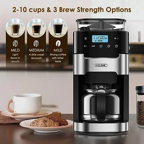 10-Cup Drip Coffee Maker with Touch Screen,Built-In Burr Coffee Grinder, Automatic Grind and Brew,Warming Plate for Home and Office,1.5L Large Capacity Water Tank, Removable Filter Basket, 900W - Image 4