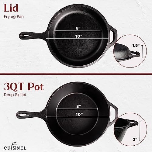 Cuisinel Cast Iron Skillet + Lid - 2-In-1 Multi Cooker - Deep Pot + Frying Pan - 3-Qt Dutch Oven - Pre-Seasoned Oven Safe Cookware - Indoor/Outdoor - Grill, Stovetop, Induction Safe - Great for Bread - Image 5