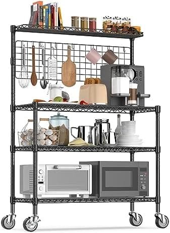 Leteuke Kitchen Bakers Rack, NSF Certified 4-Tier Microwave Stand with Wheels 20 S-Hooks, Adjustable Heavy Duty Storage Rack Commercial Grade Metal Utility Storage Shelf 42× 18× 63 Inches, Black - Image 2