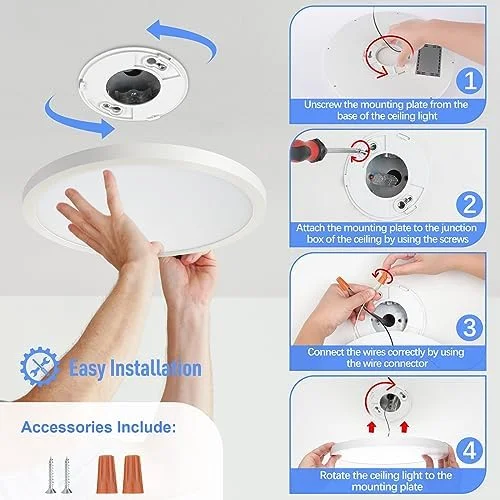 LED Flush Mount Ceiling Light Fixture, 5000K Daylight White, 2400LM, 12 Inch 24W Round Flat Ceiling Lights, 240W Equivalent White Modern Panel Lamp for Bathroom Hallway Kitchen Stairwell, Non-Dimmable - Image 8