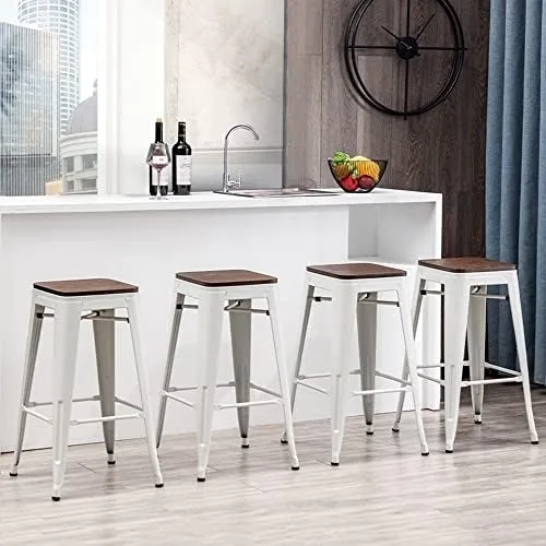 Alunaune 24" Metal Bar Stools Set of 4 Industrial Backless Counter Height Barstools Kitchen Patio Stool Stackable with Wooden Seat- White - Image 5