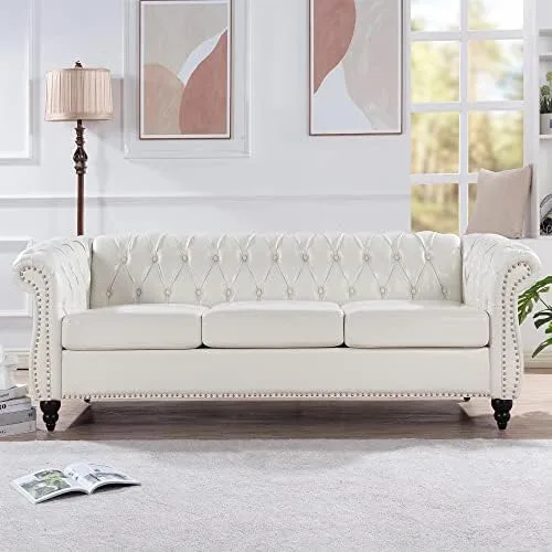 85" Chesterfield Fabric 3 Seater Couch-2 Set 39" Single Chair Set Furniture,Upholstered Sofa with Tufted Back,Roll Arm Classic Chesterfield Settee Couches for Living Room,Office (White + PU) - Image 9