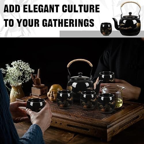 Hushee Japanese Tea Set in Gift Box Asian Tea Set Magic Teapot with 1 Teapot, 6 Tea Cups, 1 Tea Tray, 1 Stainless Infuser, Black Ceramic Chinese Porcelain Tea Set Gift for Tea Adult Lover Office Home - Image 5