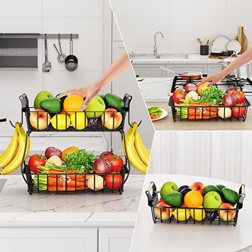 Alebew 2 Tier Fruit Basket Bowl with 2 Banana Hangers for Kitchen Counter, Countertop Fruits Produce Storage Basket Metal Vegetable Holder Stand Organizer for Bread Snack Veggies Potato, Black - Image 6