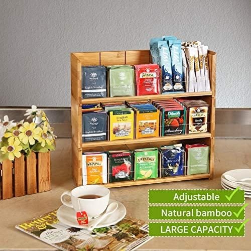 Bamboo-Tea-Bag-Organizer-Storage-Box-3-Tier-Stackable-Holder Tea Bag Box Natural Wood Wall Mount Tea Chests with Acrylic for tea bags Office Kitchen Cabinet Pantry - Image 3