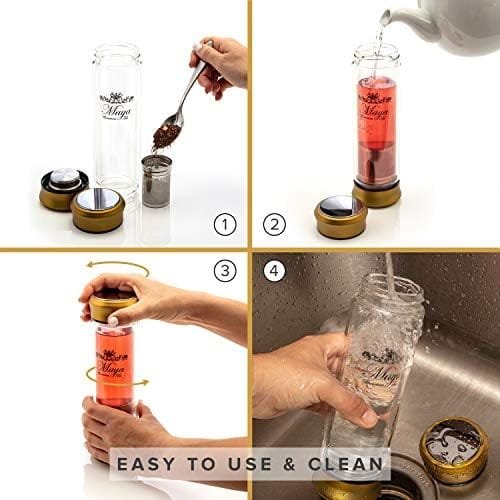 Tea Infuser Bottle by Maya Luxurious - Leakproof Double Wall Glass Travel Tea Mug with Stainless Steel Filter - BPA Free Tea Tumbler + Strainer for Loose Leaf Tea - Image 4