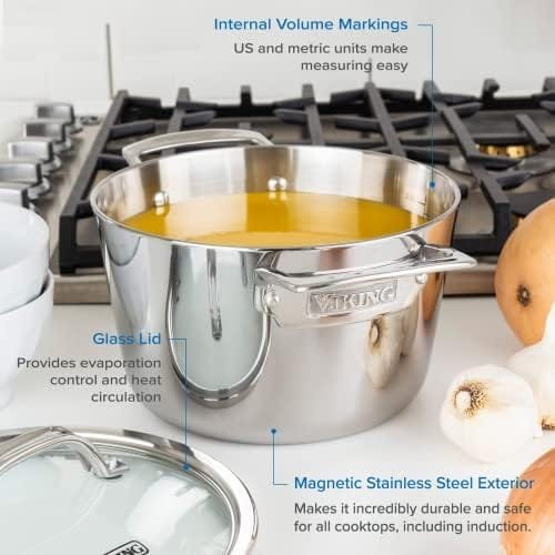 Viking Culinary Contemporary 3-Ply Stainless Steel Soup Pot, 3.4 Quart, Includes Glass Lid, Dishwasher, Oven Safe, Works on All Cooktops including Induction - Image 4