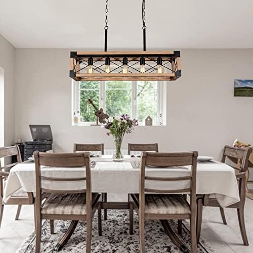 Airposta Kitchen Island Lighting, 33.5-Inch 5 Lights Farmhouse Linear Chandelier for Dining Room Pool Table Pendant Light Fixture, Rustic Wood Grain Finish, Industrial Pendant Light - Image 10