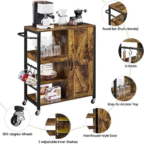 Yaheetech Kitchen Island Cart on Wheels, Rolling Serving Utility Trolley Cart with Storage Cabinet and Adjustable Shelves, Cupboard with Barn Door & S-Hooks for Dining Room/Living Room, Rustic Brown - Image 6