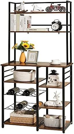 Iwell Kitchen 6-Tier Baker's Rack, Microwave Stand, Coffee Bar Cabinet with Wine Rack, Utility Storage Shelf for Living Room, Dining Room, Vintage Brown - Image 4