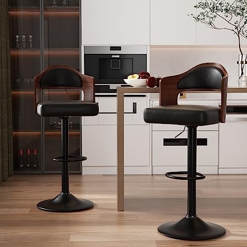 Nalupatio Swivel Bar Stools Set of 2 Seat Adjustable Height 24.5-33.5IN, Wooden Barstools PU Leather Upholstered Bar Chairs with Back & Footrest for Bar Kitchen Dining Room Black - Image 2
