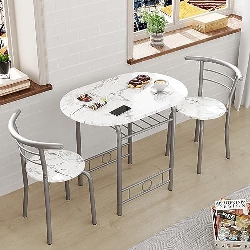 JUMMICO 3-Piece Wooden Round Table & Chair Set, Space Saving Kitchen Breakfast Nook Wood Grain Tabletop with Metal Frame and Built-in Wine Rack for Kitchen, Dining Room (White/Silver) - Image 3
