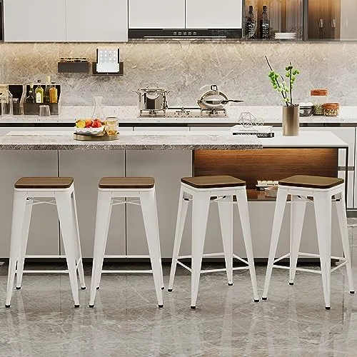 Alunaune 24" Metal Bar Stools Set of 4 Industrial Backless Counter Height Barstools Kitchen Patio Stool Stackable with Wooden Seat- White - Image 3