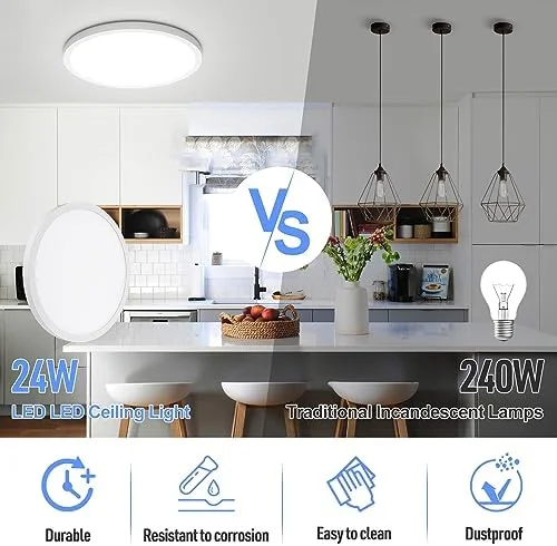 LED Flush Mount Ceiling Light Fixture, 5000K Daylight White, 2400LM, 12 Inch 24W Round Flat Ceiling Lights, 240W Equivalent White Modern Panel Lamp for Bathroom Hallway Kitchen Stairwell, Non-Dimmable - Image 4