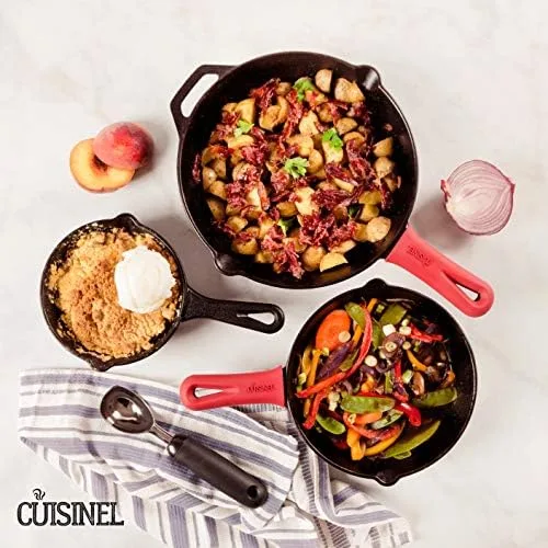 Cuisinel Cast Iron Skillets Set - 3-Piece: 6" + 8" + 10"-Inch Chef Frying Pans - Pre-Seasoned Cookware + 3 Heat-Resistant Handle Cover Grips - Indoor/Outdoor Use - Grill, Stove, BBQ, Fire, Oven Safe - Image 5
