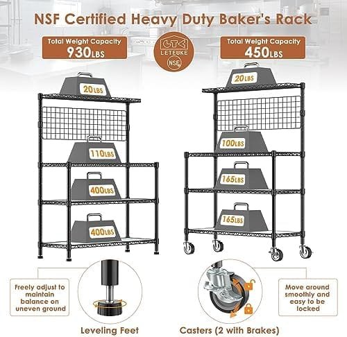Leteuke Kitchen Bakers Rack, NSF Certified 4-Tier Microwave Stand with Wheels 20 S-Hooks, Adjustable Heavy Duty Storage Rack Commercial Grade Metal Utility Storage Shelf 42× 18× 63 Inches, Black - Image 4