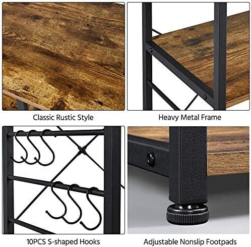 Yaheetech 4-Tier Kitchen Baker's Rack, Coffee Bar Microwave Stand Cart with Wire Basket & 6 Side Hooks, Kitchen Organizer Shelf for Spices/Utensils Foods, Rustic Brown - Image 7