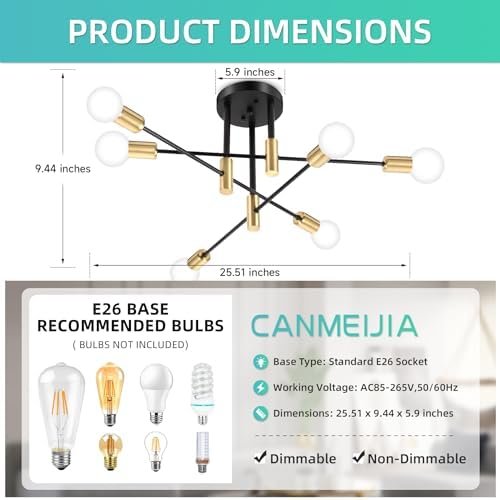 Sputnik Chandelier Modern Ceiling Light Fixture with 6 Lights Black Gold Mid Century Mount Ceiling Lights Fixture for Bedroom, Dining Room, Living Room, Kitchen, E26 Base, Bulbs Not Included - Image 3