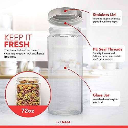 EatNeat 4 Piece Beautiful Glass Kitchen Canisters with Stainless Steel Lids - Premium Glass Food Storage Containers, Versatile Cereal, Flour, Coffee, Snacks Container Jars for Kitchen Organization - Image 8