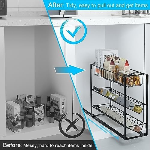 Pull Out 3-Tier Spice Rack - Sliding Organizer for Kitchen Cabinets, Under Sink Shelf, Slide Out Racks for Storage, Cabinet Organization in Kitchen, Heavy Duty Slide Out Seasoning Kitchen Organizer. - Image 3