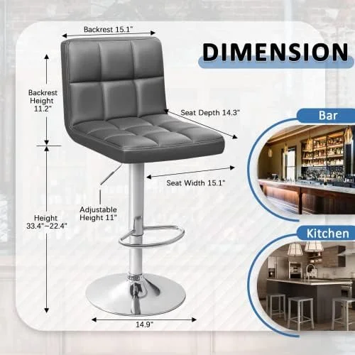 Homall Bar Stools Modern PU Leather Adjustable Swivel Barstools, Armless Hydraulic Kitchen Counter Bar Stool Extra Height Square Island Barstool with Back Set of 2 (Deep Gray, Set of 2) - Image 8