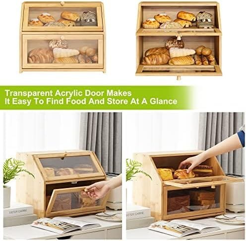 Bread Storage Farmhouse Bread Box For Kitchen Countertop Bread Container With Clear Window Breadbox Double Layer Bamboo Wooden Extra Large Capacity Bin Kitchen Food Storage Container(Trapezoid) - Image 3