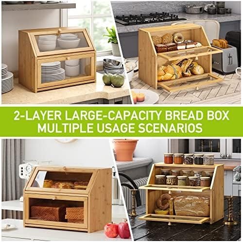 Bread Storage Farmhouse Bread Box For Kitchen Countertop Bread Container With Clear Window Breadbox Double Layer Bamboo Wooden Extra Large Capacity Bin Kitchen Food Storage Container(Trapezoid) - Image 5
