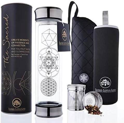 Sacred Lotus Love Double-Walled Glass Tea Infuser Bottle - Portable Travel Mug with Strainer and Sleeve for Loose Leaf Tea, Coffee, Smoothies - Insulated Tumbler with Lid for Hot and Iced Beverages - Image 2