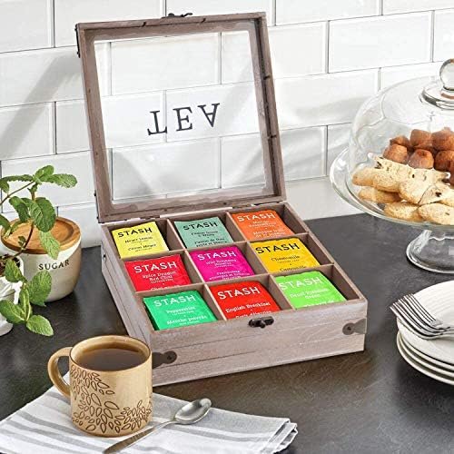 handrong Wooden Tea Box Organizer Wood Tea Storage Box Chest Rustic Tea Bag Holder Rack Storage Container Tea Caddy for Coffee Tea Sugar Sweeteners Creamers Drink Pods Packets (Gray) - Image 5