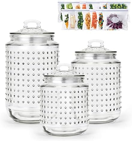 Glass Canisters Set with Airtight Seal Lids 3 PC, Large Kitchen Glass Food Storage Canisters in 71, 47, 23 ounces Embossed Design for Pasta Candy Pet Treats Flour Nuts(15 Free Food Storage Bags) - Image 2