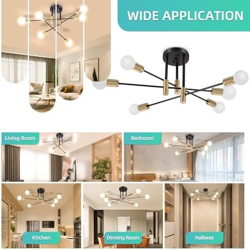 Sputnik Chandelier Modern Ceiling Light Fixture with 6 Lights Black Gold Mid Century Mount Ceiling Lights Fixture for Bedroom, Dining Room, Living Room, Kitchen, E26 Base, Bulbs Not Included - Image 7