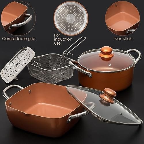 Moss & Stone Copper 7 pcs Set Chef Cookware Non Stick Pan, Deep Square Pan, Round Pot, Fry Basket, Steamer Tray, Dishwasher & Oven Safe, 5 Quart Copper Pot Set, Copper Induction Cookware Set - Image 3