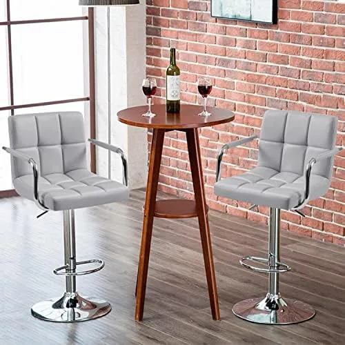 Yaheetech Modern Bar Stools Set of 2 Swivel Kitchen Stool Height Adjustable Square Counter Stool with Back&Armrest PU Leather Stool, Light Grey - Image 5