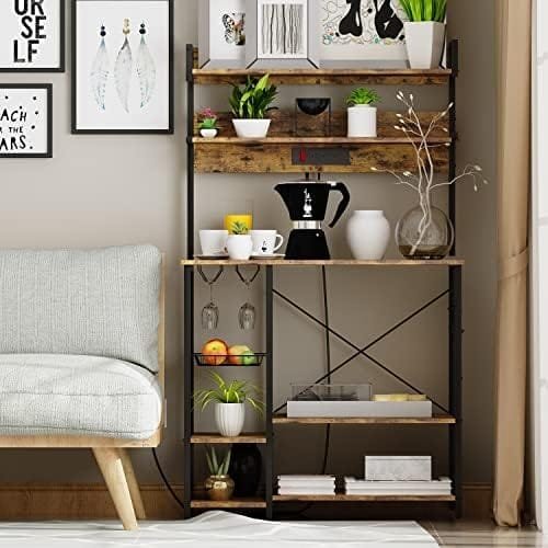 Wodeer Kitchen Baker's Rack with Power Outlet, Microwave Oven Stand, Storage Shelf with Wire Basket & Wine Glass Holder, 8-Tier Utility Coffee Bar Station for Spice Rack Organizer,Rustic Brown - Image 4