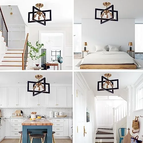 Minyuco Semi-Flush Mount Ceiling Light - Modern Industrial Light Fixture Black and Gold,4-Light Candelabra Lighting Ceiling Lamp for Kitchen Foyer Entryway Hallway Bedroom Closet - Image 7