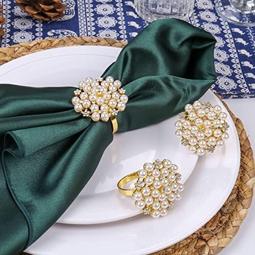 Elegant Pearls Napkin Rings Set of 12,Napkin Holder Ring Metal Buckles for Table Setting Decor at Thanksgiving,Christmas,Valentine's,Wedding,Parties,Holiday-Gold Ring White Pearls Bling Rhinestones. - Image 3