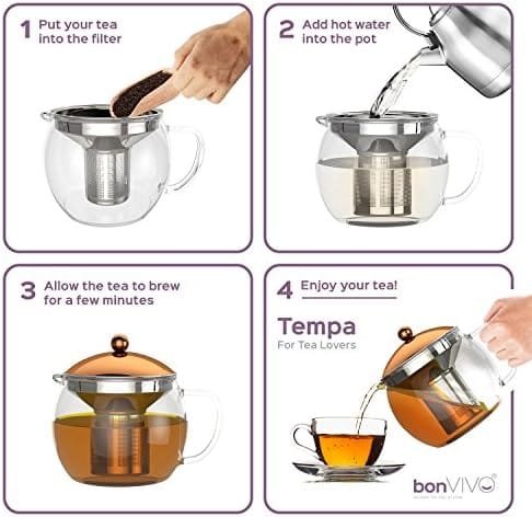 bonVIVO TEMPA Tea Infuser - Removable Stainless Steel Strainer, Teapot with Tea Diffuser for Loose Leaf Tea or Detox Teas, Heat Resistant Borosilicate Glass With Lid In Copper Finish, 1.60QT - Image 5