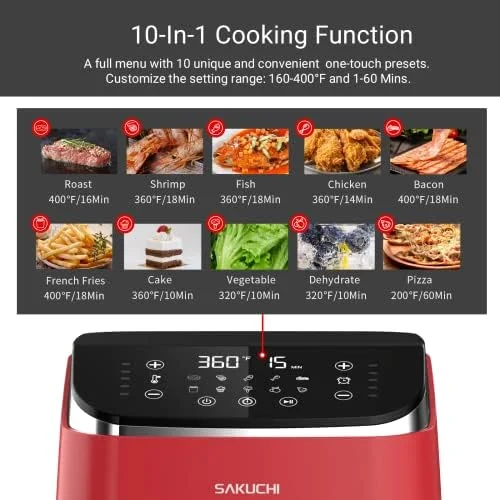 Sakuchi Air Fryer Large 5.8 Quart Air Fryers 10-in-1 Digital Air Fryer Oven Cooker with 10 Preset Cooking Programs, LED Touch Screen, Non-Stick Tray Basket, Auto Shut-Off, Pot Dishwasher Safe, 1500W (Red) - Image 3