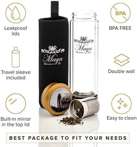 Tea Infuser Bottle by Maya Luxurious - Leakproof Double Wall Glass Travel Tea Mug with Stainless Steel Filter - BPA Free Tea Tumbler + Strainer for Loose Leaf Tea - Image 6