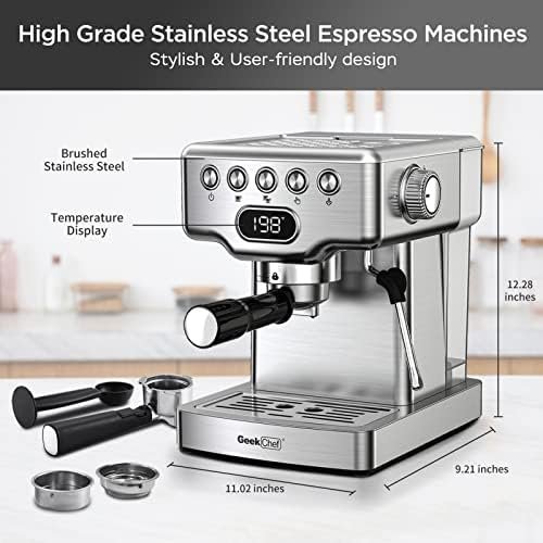 Geek Chef Espresso Machine 20 Bar, Espresso Coffee Maker with Fast Heating Automatic, Latte & Cappuccino Maker with Milk Frother Steam Wand, 1.8L Water Tank, Temperature Display, Stainless Steel - Image 9