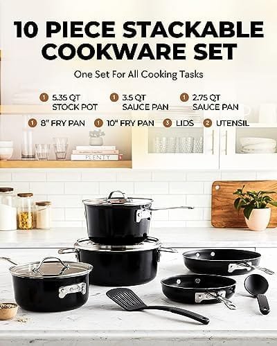 Gotham Steel 10 Pc Pots and Pans Set Nonstick Cookware Set, Kitchen Cookware Sets, Pot and Pan Set, Pot Set, Space Saving Pots and Pans Set with Lids, Induction Cookware Set, Dishwasher Safe, Black - Image 3