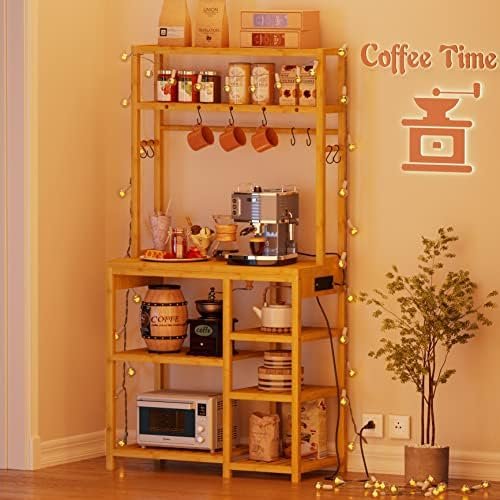 FORABAMB Bakers Rack with Power Outlets, 6-Tier Microwave Stand, Kitchen Utility Storage Shelf 10 S-Shaped Hooks, Coffee Bar Table Station, Standing Rack, 31.5 x 15.7 65 Inches, Bamboo - Image 8
