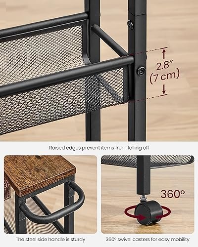 VASAGLE Slim Rolling Cart, 5-Tier Storage Cart, Narrow Cart with Handle, 5.1 Inches Deep, Metal Frame, for Kitchen, Dining Room, Living Room, Home Office, Rustic Brown and Black ULRC034B01 - Image 8