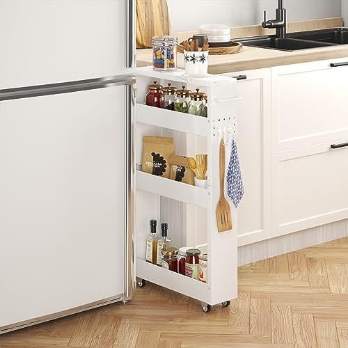 XYZLVSI Slim Storage Cart, 5 in Width, 4-Tier White Rolling Cart with Handle & Wooden Top for Kitchen Bathroom Laundry Narrow Places - Image 3