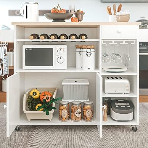 IRONCK Rolling Kitchen Island Cart with Drop-Leaf and Wine Rack, Microwave Rack Serving Cart on Wheels with Drawer & Shelves & Spice Rack & Cup Hanging, White - Image 5