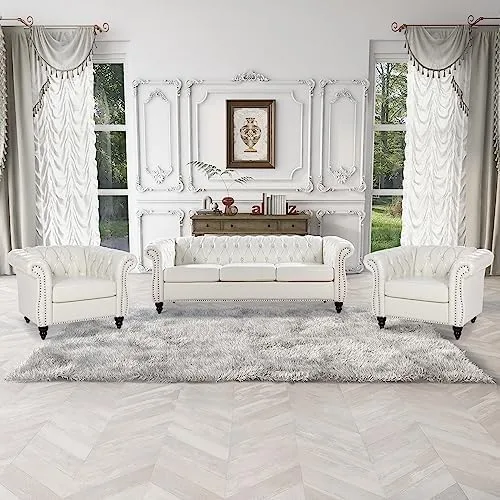 85" Chesterfield Fabric 3 Seater Couch-2 Set 39" Single Chair Set Furniture,Upholstered Sofa with Tufted Back,Roll Arm Classic Chesterfield Settee Couches for Living Room,Office (White + PU) - Image 2