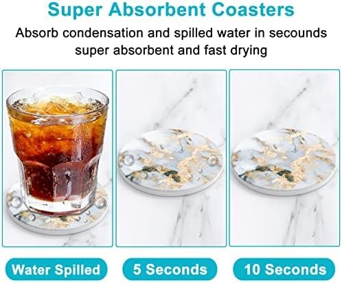 Nipichsha Coasters for Drinks, Set of 6 Marble Absorbent Ceramic Coasters with Holder and Cork Base, Cute Stone Drink Coasters for Cup Kitchen Home Decor Housewarming Gift, Round 4", White Gray Gold - Image 4